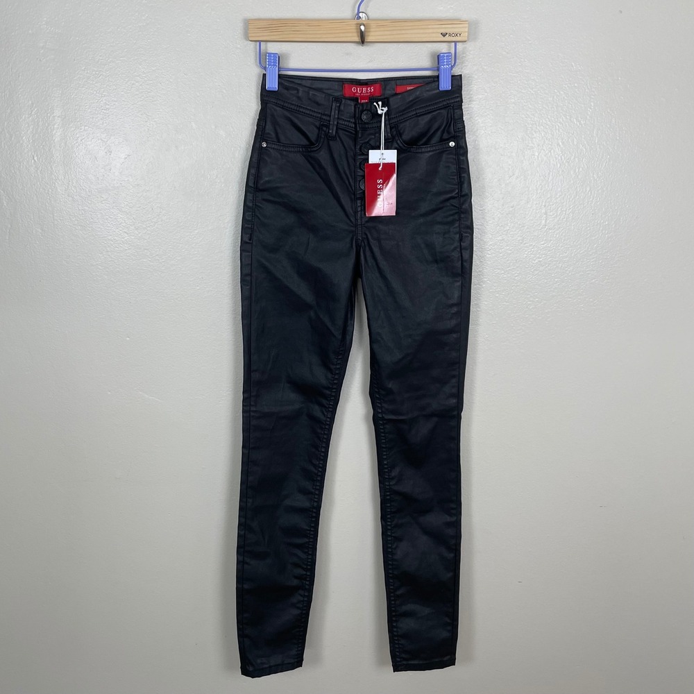 Guess Women's 24 Fenice Skinny‎ High Pants Black Coated Exposed Button NEW